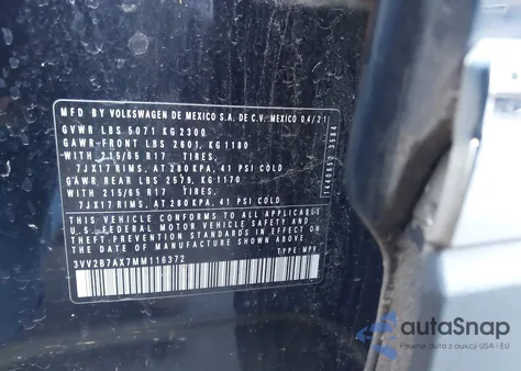 2021 Volkswagen Tiguan 2.0T Se/2.0T Se R-Line Black/2.0T Sel z USA, uszkodzony, nr VIN 3VV2B7AX7MM116372